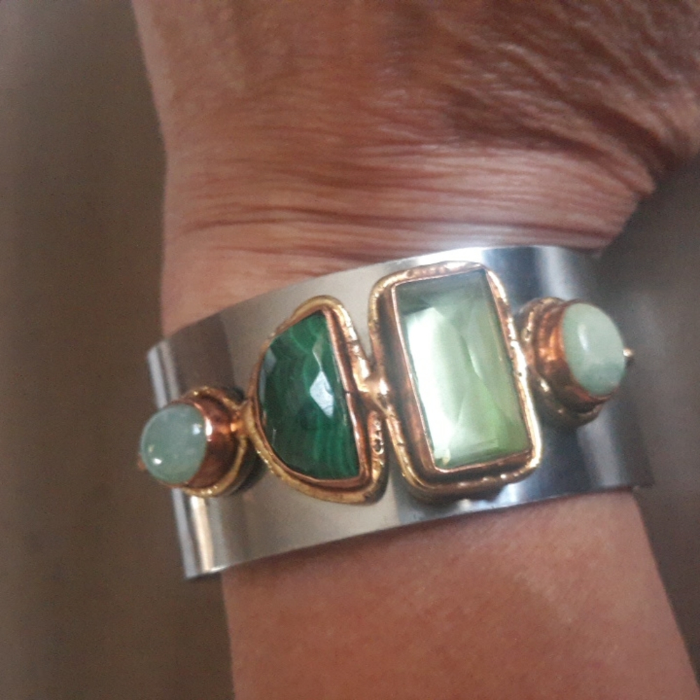 Cuff steel and brass multi gem bracelet.